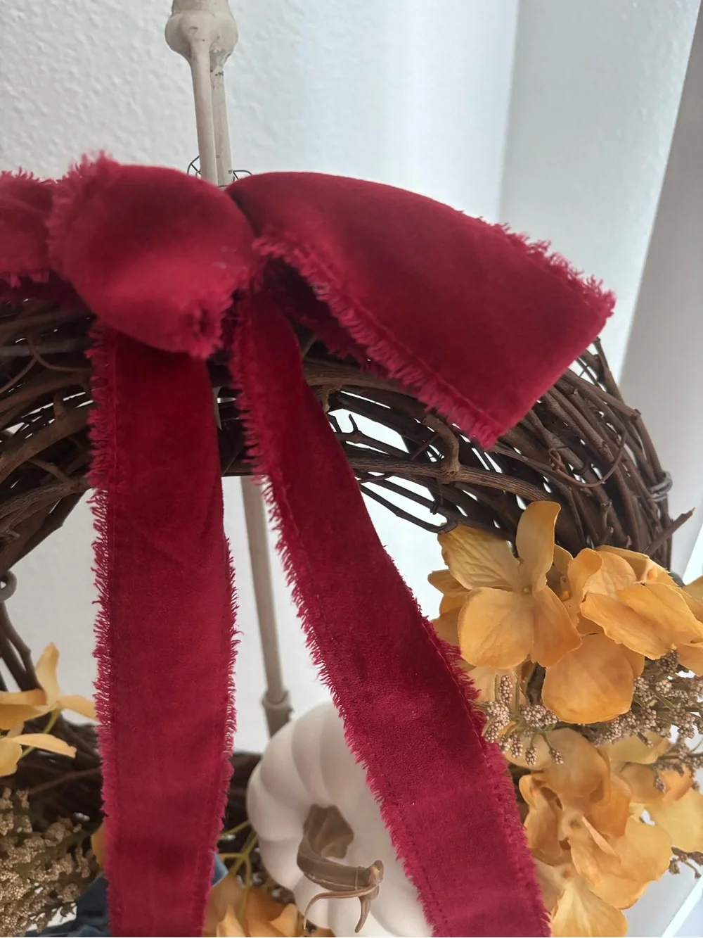 Autumn Hydrangeas Fall Harvest Wreath Pumpkin Hand Crafted w/Wine Bow Final Sale